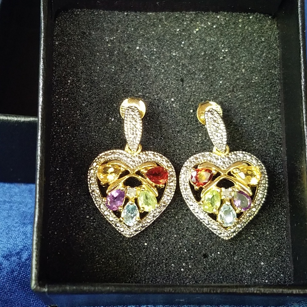 New - Multi Stone Heart Earrings - 2.2 cm